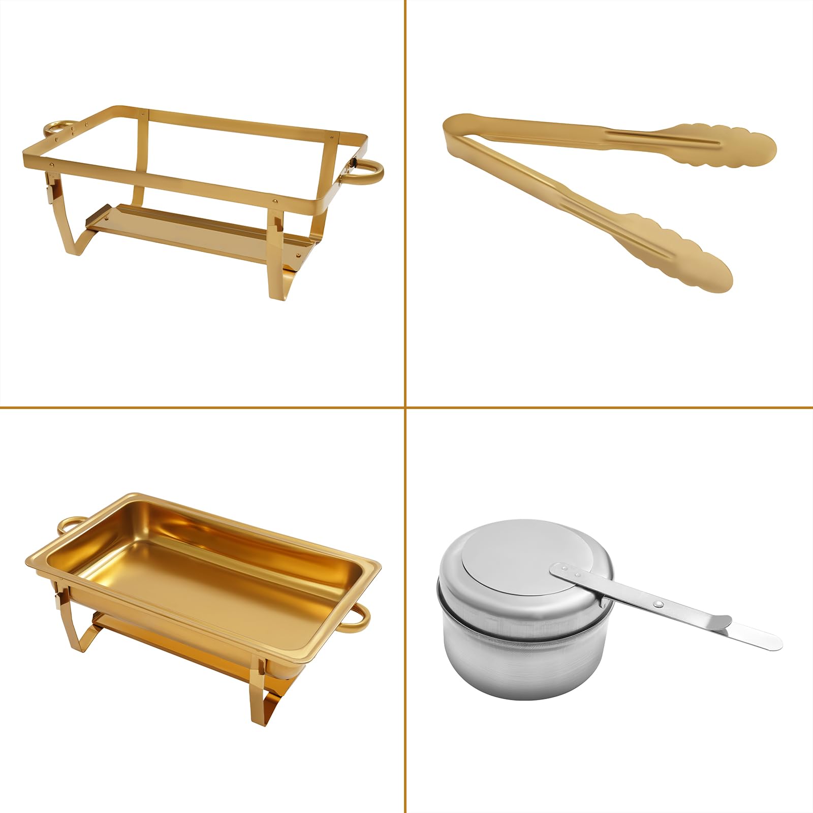 Zestaw 4 pojemników do podgrzewania Chafing Dish Golden – 7,5 l, ze stali nierdzewnej, profesjonalny zestaw wraz z 4 szczypcami do serwowania – do cateringu, bufetu, na imprezę (stal