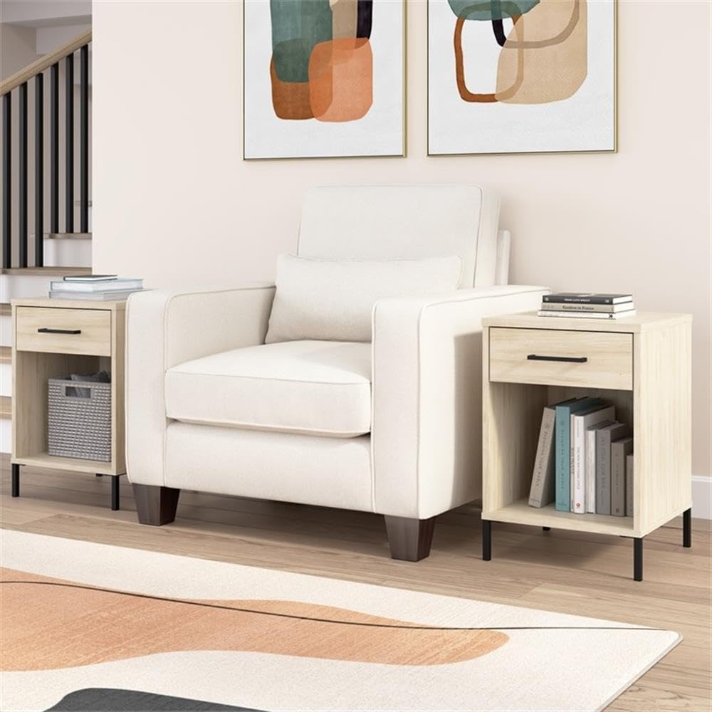 Pemberly Row End Table with Drawer, Natural Elm Finish, Engineered Wood Construction, Modern Design with Steel Feet, Compact Living Room Furniture with Storage Drawer and Shelf