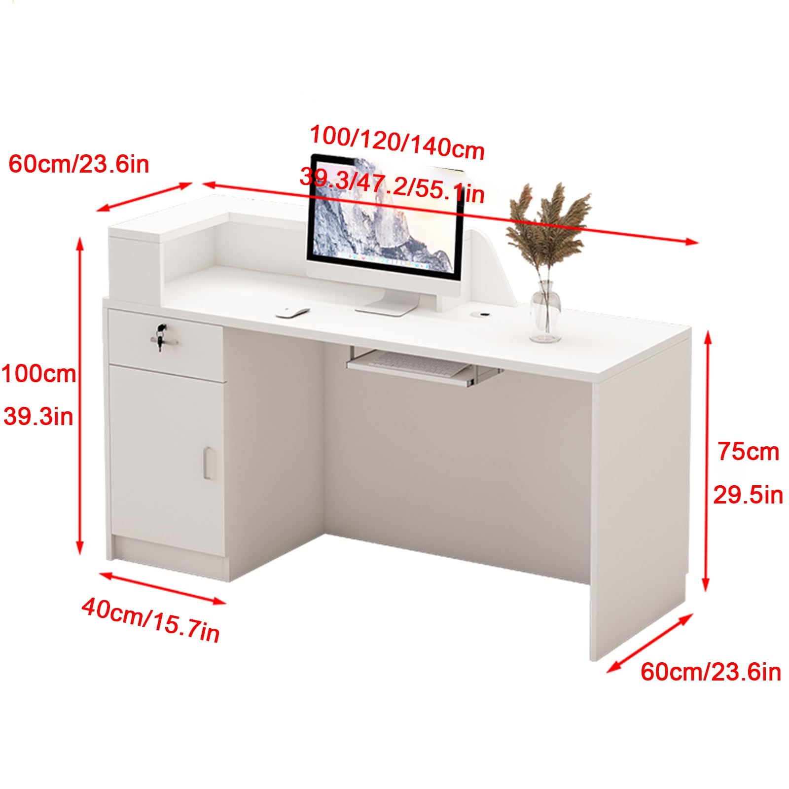 Genérico Mostrador de recepción Moderno de 140 cm con iluminación LED y cajón con Cerradura, Elegante diseño en Blanco y Gris para Salones de Belleza, Tiendas y áreas de