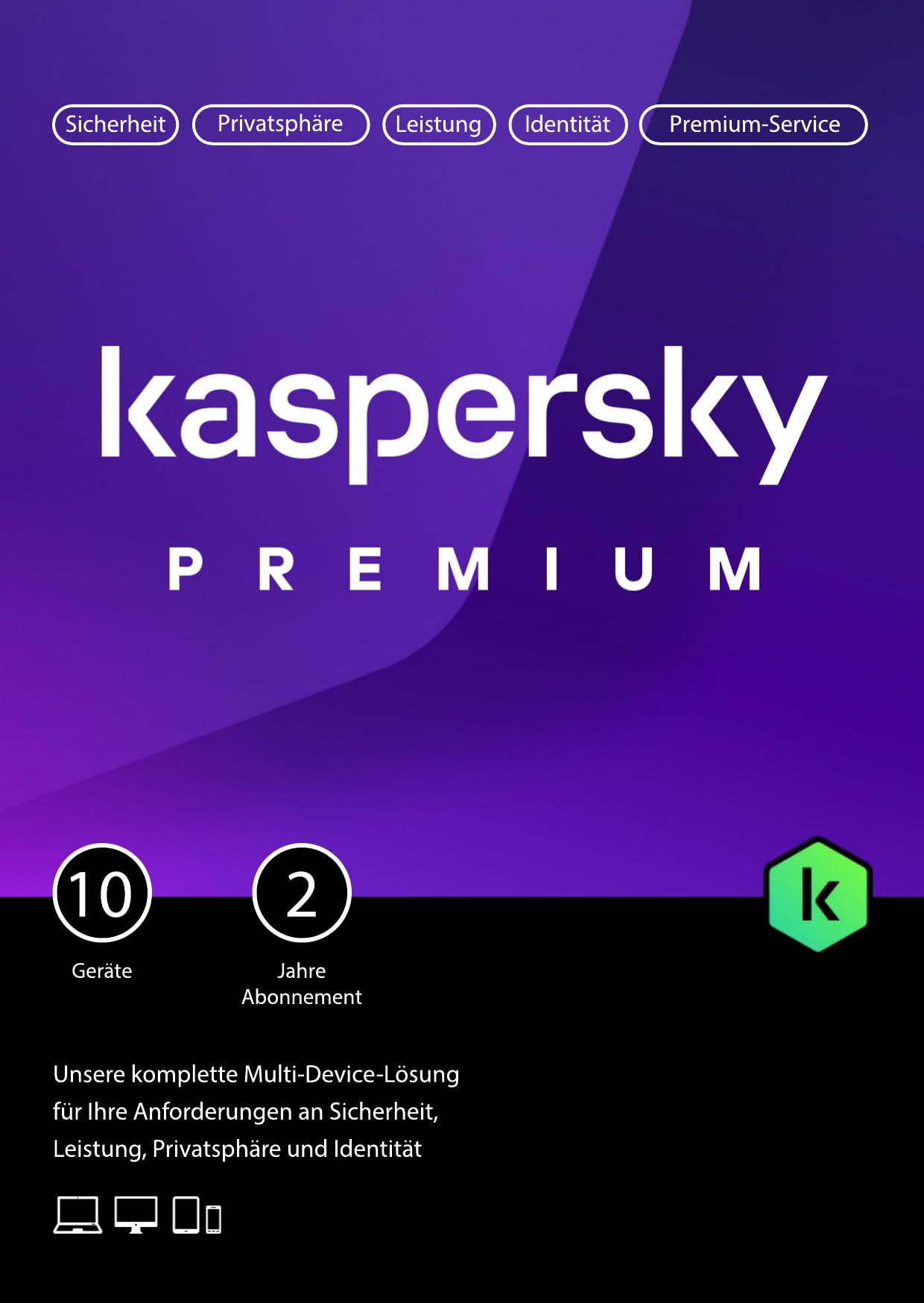Kaspersky Premium Total Security 2026 | 10 Geräte | 2 Jahre | Anti-Phishing und Firewall | Unbegrenzter VPN | Passwort-Manager | Kindersicherung | 24/7 Unterstützung | PC/Mac/Mobile | Code per Post