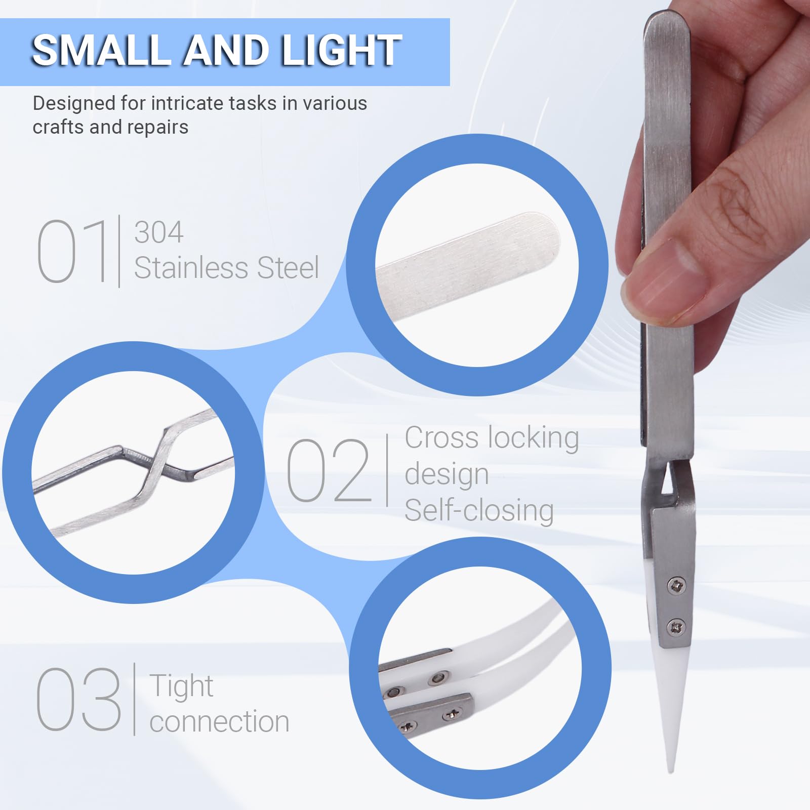 Set di 6 pinzette di precisione inversa in ceramica, non conduttive, pinzette antimagnetiche con punte curve, resistenti al calore, per saldare/pizzicare bobine (argento)