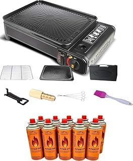 SMH LINE Juego de barbacoa de gas 2 en 1 para camping, incluye 16 cartuchos de gas de 227 g, barbacoa para balcón, barbacoa de mesa, hornillo de camping, maletín portátil, incluye accesorios, parrilla