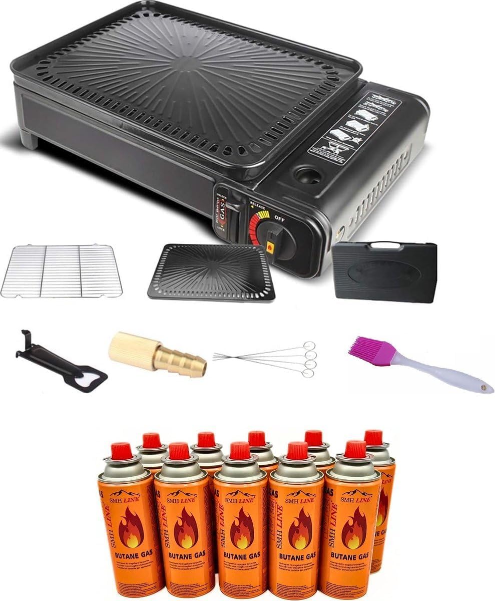 SMH LINE Juego de barbacoa de gas 2 en 1 para camping, incluye 16 cartuchos de gas de 227 g, barbacoa para balcón, barbacoa de mesa, hornillo de camping, maletín portátil, incluye accesorios, parrilla