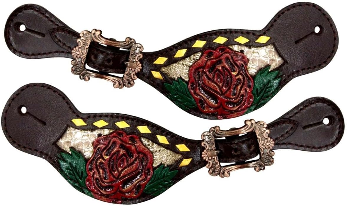 Showman Ladies Painted Rose w/Gold Snakeskin Inlay Leather Spur Straps