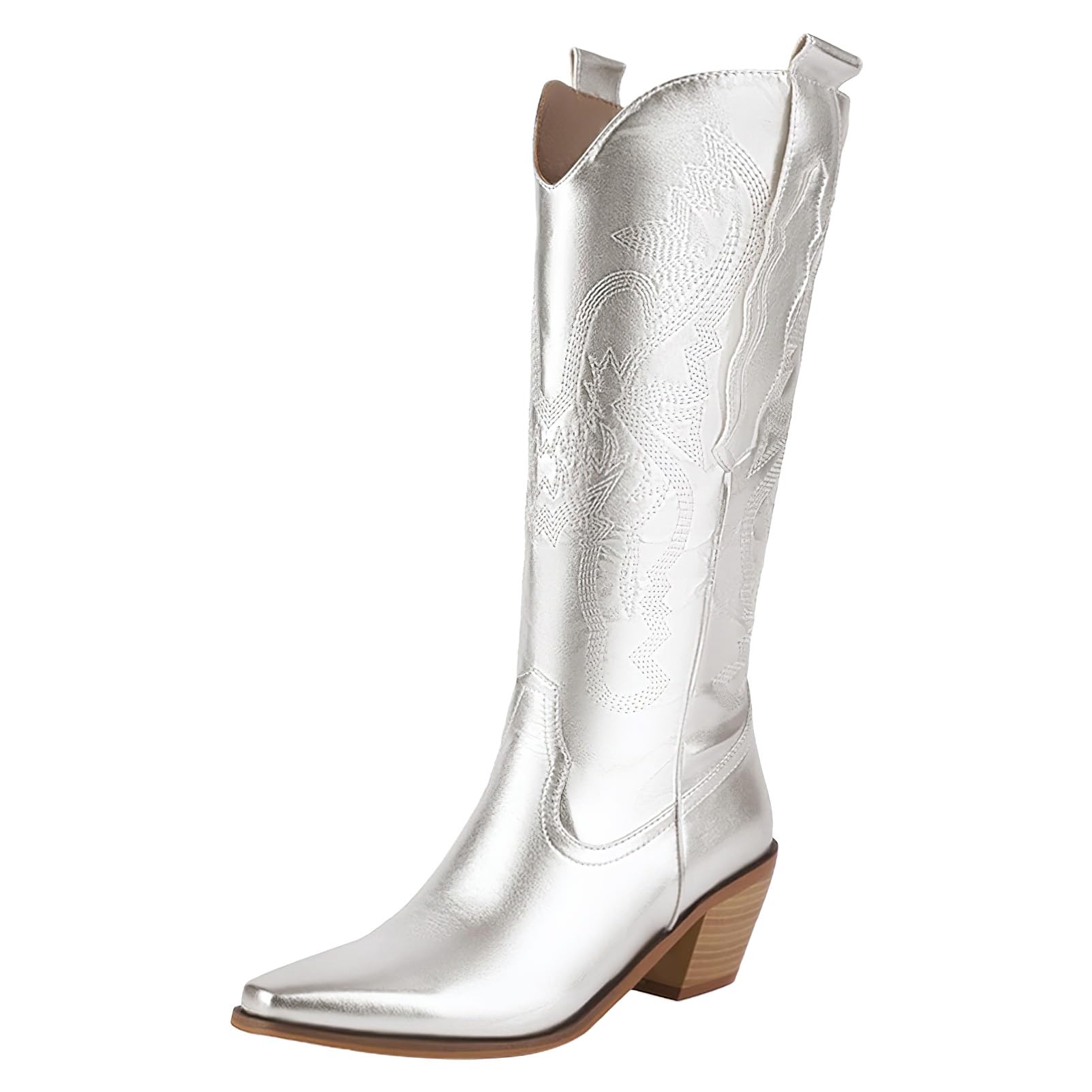 Remxi Stivali Cowboy Donna In PU – Medio Polpaccio, Tacco In Stile Western Per Matrimoni E Feste, Marrone Legno
