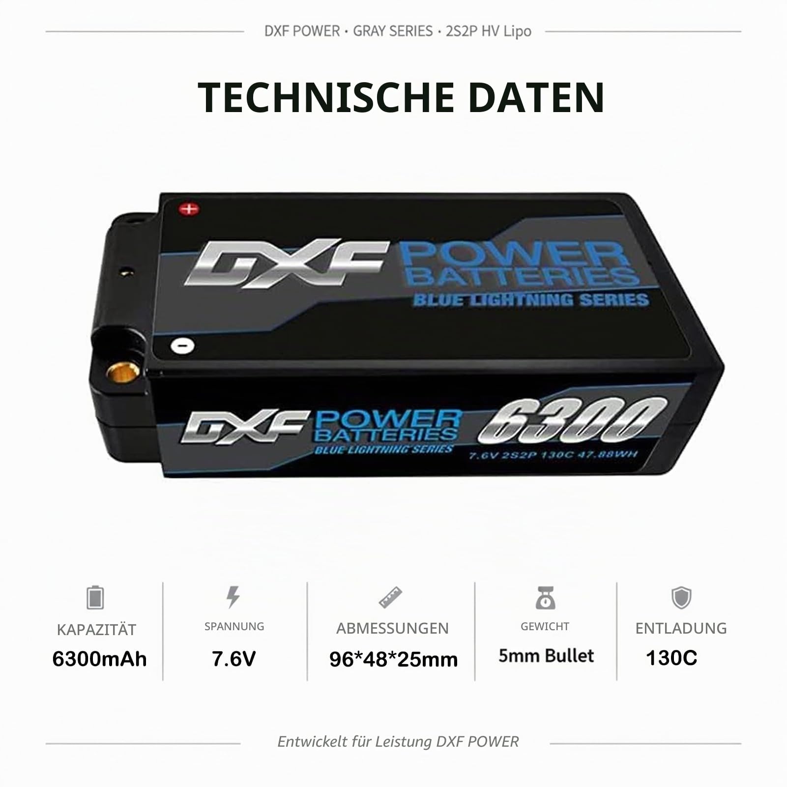 DXF 2 Packungen 2S LIPO AKKU 7.6V 6300mAh 140C LIPO 2S für 1/8 & 1/10 RC-Cars - Losi, HPI, Tamiya, Axial und mehr. lipo akku Kompatibel mit 5MM Deans T-Plug, leistungsstarkes LIPO LIPO AKKU Set