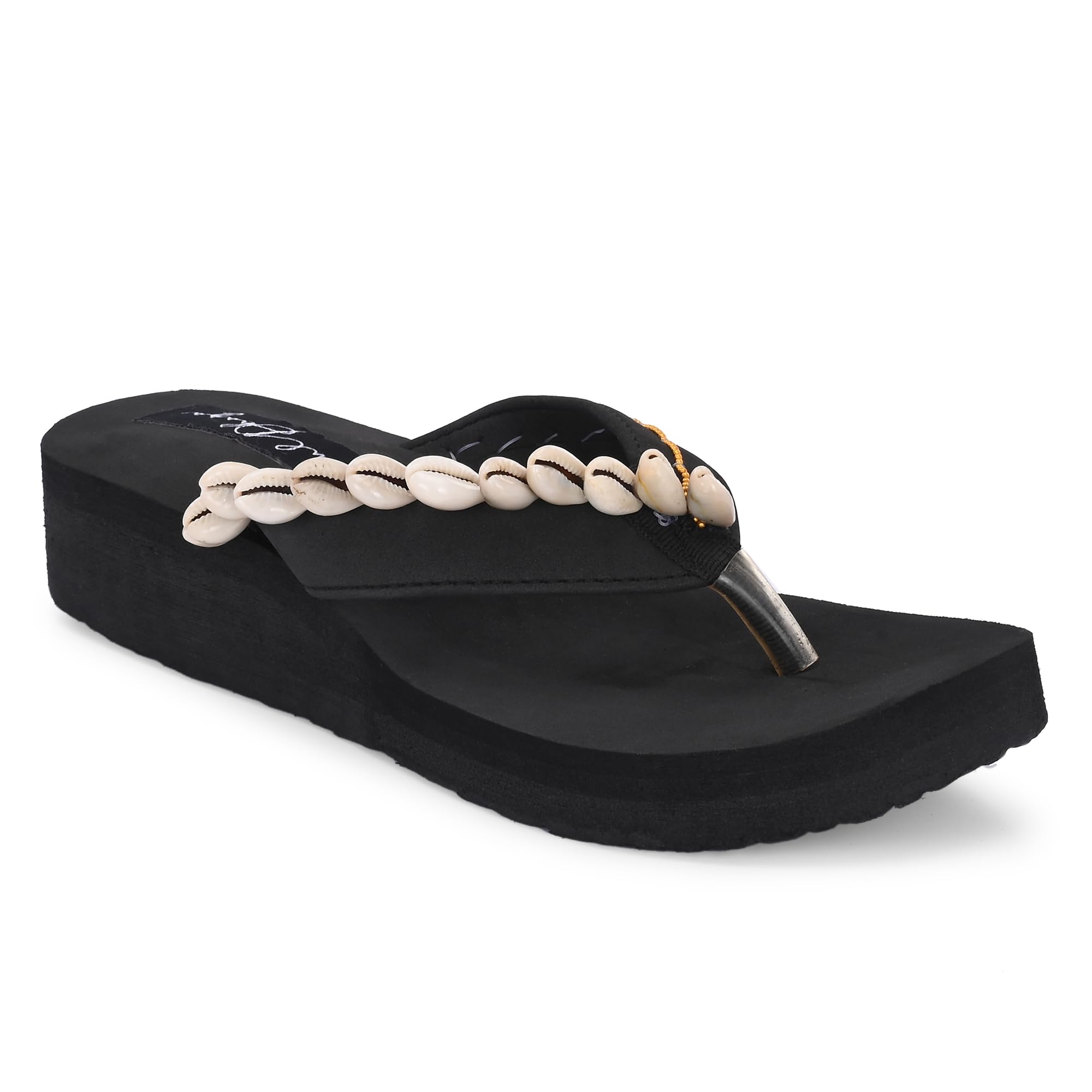 Soul Dhaga Womens Fashion Wedges with White Shells and Golden Chain, Black Slip-on Sandals, Size 7 (B0D9KVN7GY) Amazon Price History, Amazon Price Tracker