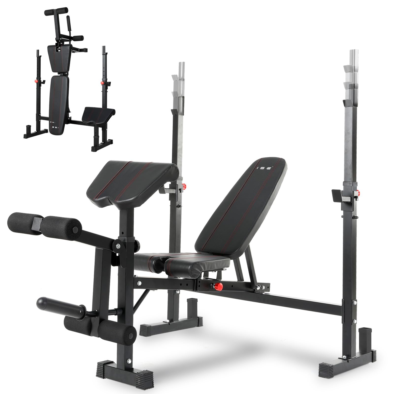 ISE Panca Multifunzione Palestra Casa, Panca Pesi Regolabile con Supporto Bilanciere Schienale Reclinabile Fitness per Allenamento a Casa