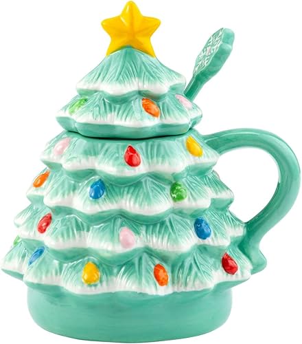 Mr. Christmas Taza de árbol nostálgico con tapa con cuchara, espuma de mar, 16 onzas líquidas
