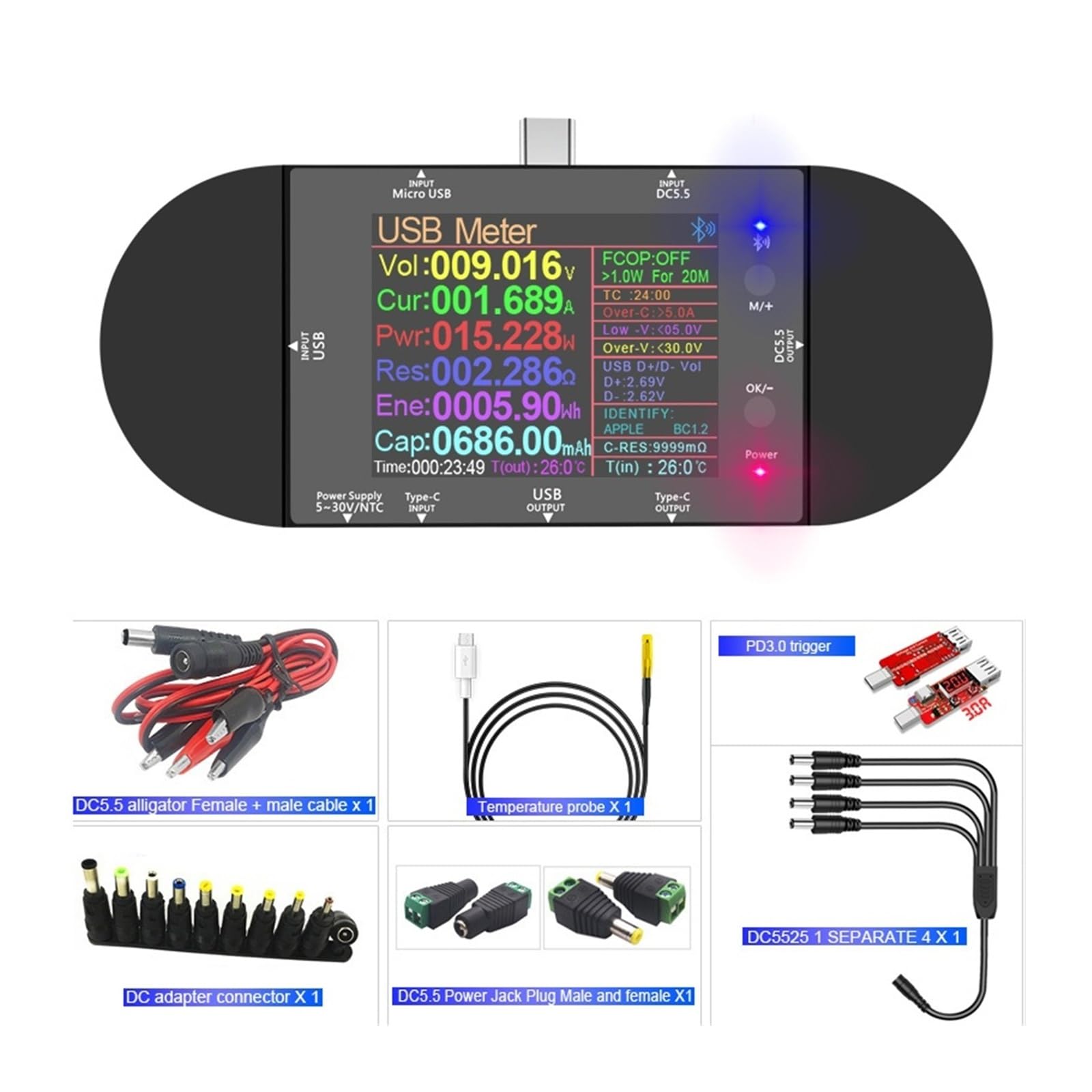 2.4 calowy Tester USB DC5.5 Type-C woltomierz cyfrowy amperomierz Power Bank detektor napięcia dla ładowarek kabel Power Bank Szeroka kompatybilność(UD24 add 18pcs)