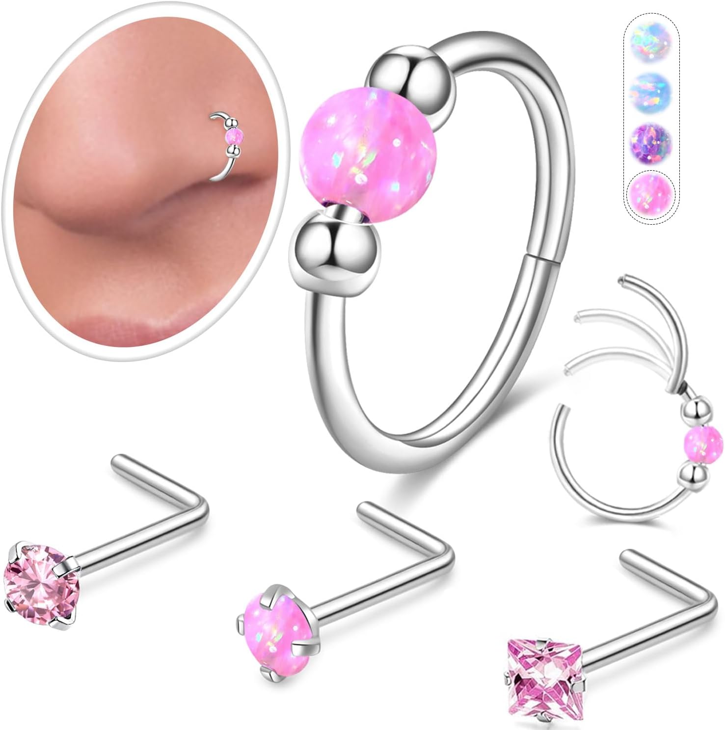 Opal Nose Ring Studs Horseshoe Nose Rings Hoops Stud 316L Stainless Steel Nose Rings Round CZ Square Screw L Shaped Nose Stud Hypoallergenic Nostril Piercing Jewelry for Women Men