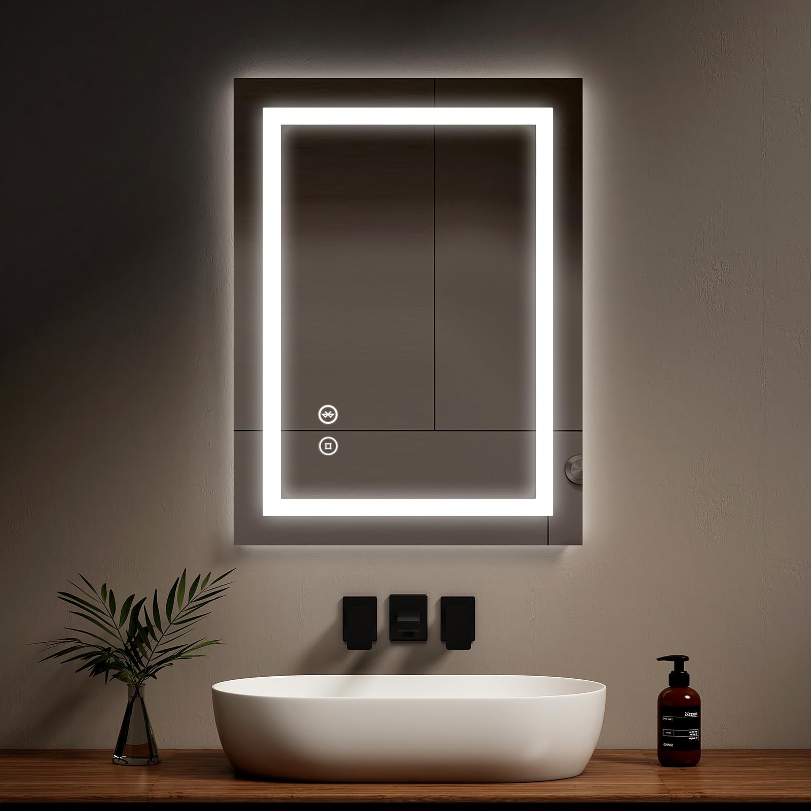 EMKE 800 x 600 mm iluminado Bluetooth baño espejo con enchufe de afeitadora, montado en la pared multifunción baño vanidad espejo con luces LED y almohadilla antivaho, ahorro de energía LED