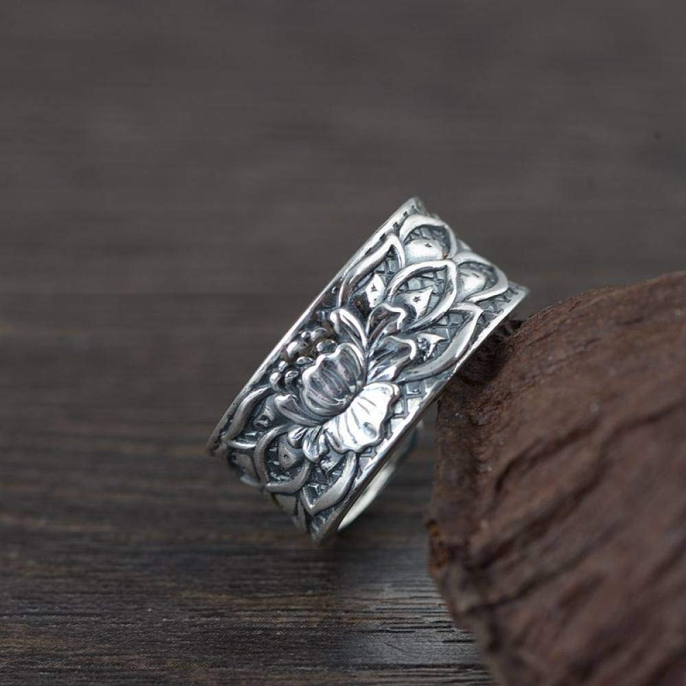 Verstellbarer Ring, 925 Sterling Silber Frauen Lotusblume Verstellbare Ringe Klobiger Massiver Ring Handgeschnitzte Retro Alte Verstellbare Ringe Energie Charme Hochzeit Schmuck Geschenke Für Männ