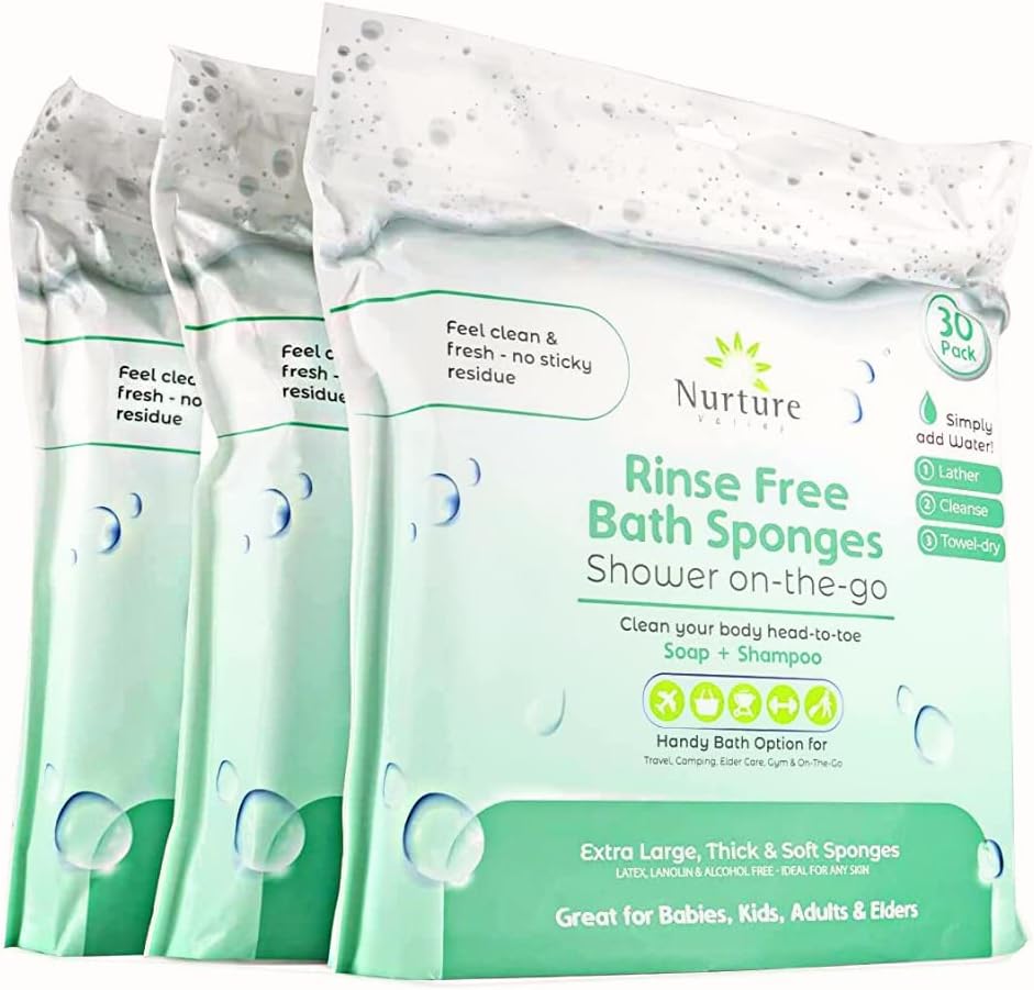 Rinse Free Sponge Bath Wipes (30pack) Extra Large & Thick No Rinse Waterless Body Wipe Sponges Disposable Shower OnTheGo Cleaning Wash Cloths for Kids Adults Elder Care Gym Travel & More (3 Pack)