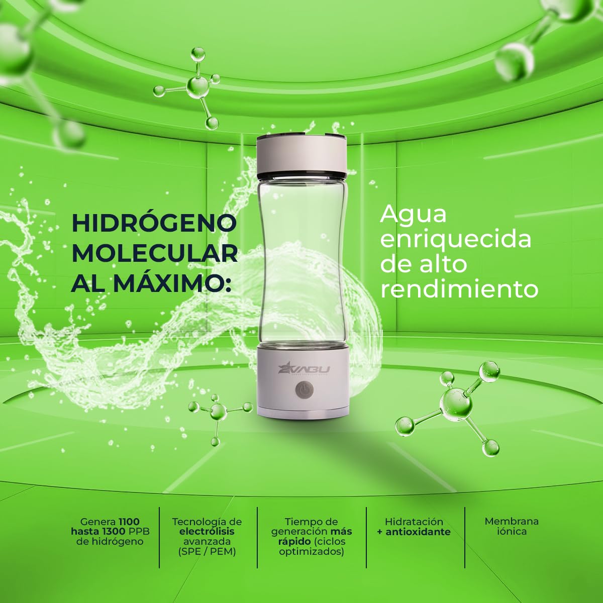 Botella de Agua Hidrogenada – 1300 PPB de Hidrógeno Molecular – Tecnología SPE/PEM de Alta Pureza – Agua con ORP Reducido – 450 ml (Molecular Curve)
