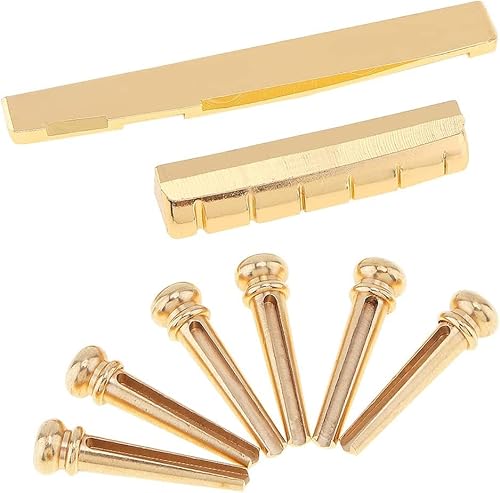 MuzcYM 6pcs pasadores de puente de guitarra de latón dorado con conjunto de tuercas de sillín de puente de guitarra para 6 cuerdas de repuesto de guitarra acústica Cover