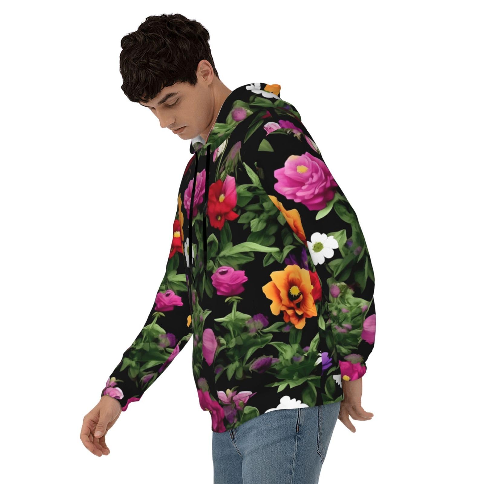 Męska bluza z kapturem z nadrukiem Thug Life Flowers, casualowa grafika z nadrukiem bluzy z kapturem z kieszenią
