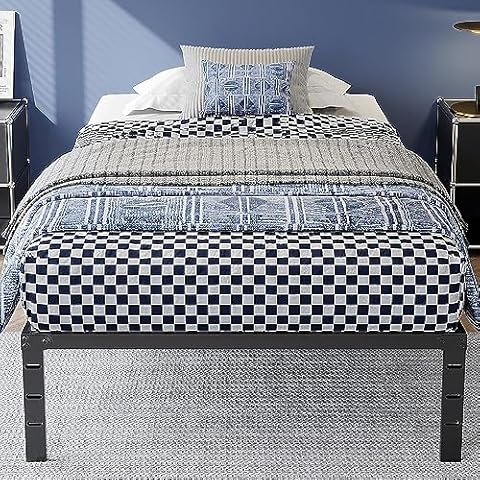 zunatu 14 Inch Twin Metal Bed Frame Foundation No Box Spring Needed Heavy Duty Tall Platform with Large Storage Easy Assembly Mattress Noise Free, Black Cover
