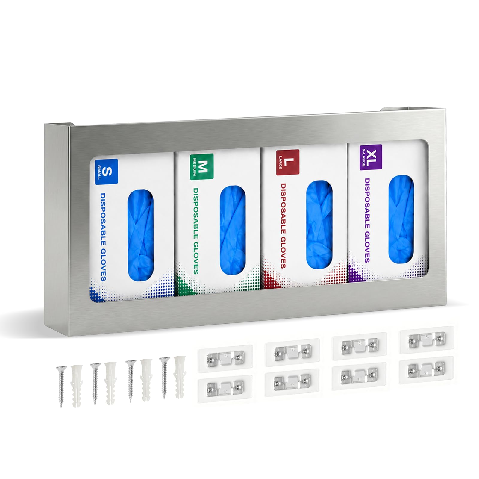 Soporte dispensador de guantera, organizador de 4 cajas montado en la pared con clips de montaje adhesivos, soporte desechable de acero inoxidable para laboratorio, clínica, cocina y taller, 1