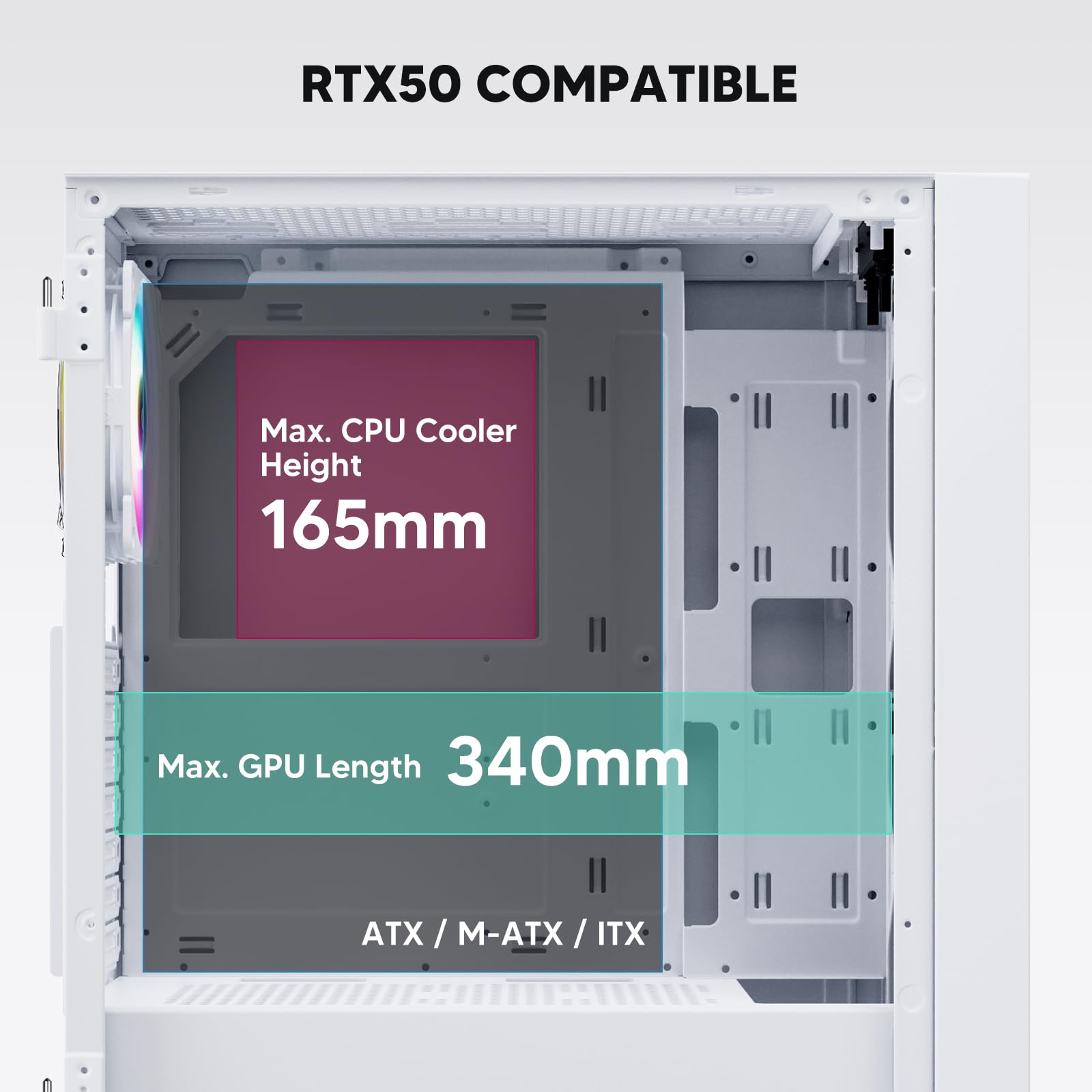 AL800 Mid Tower ATX - Carcasa de computadora para PC, diseño de apertura de puerta, tira LED ajustable, ventilador ARGB y PWM FDB preinstalado en la parte trasera, soporte para GPU serie 50 5