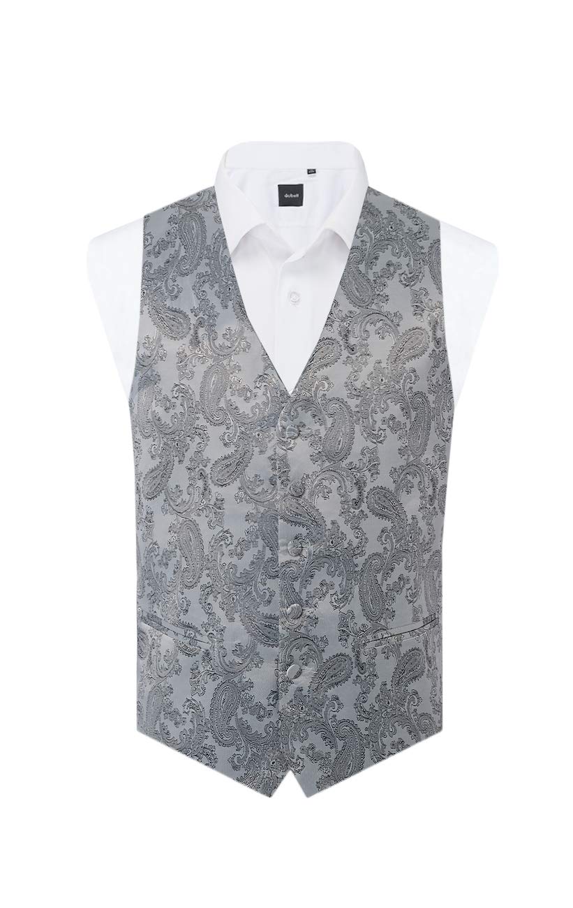 Dobell Men's Grey Paisley Waistcoat Regular Fit 5 Button Wedding-L (42-44In)