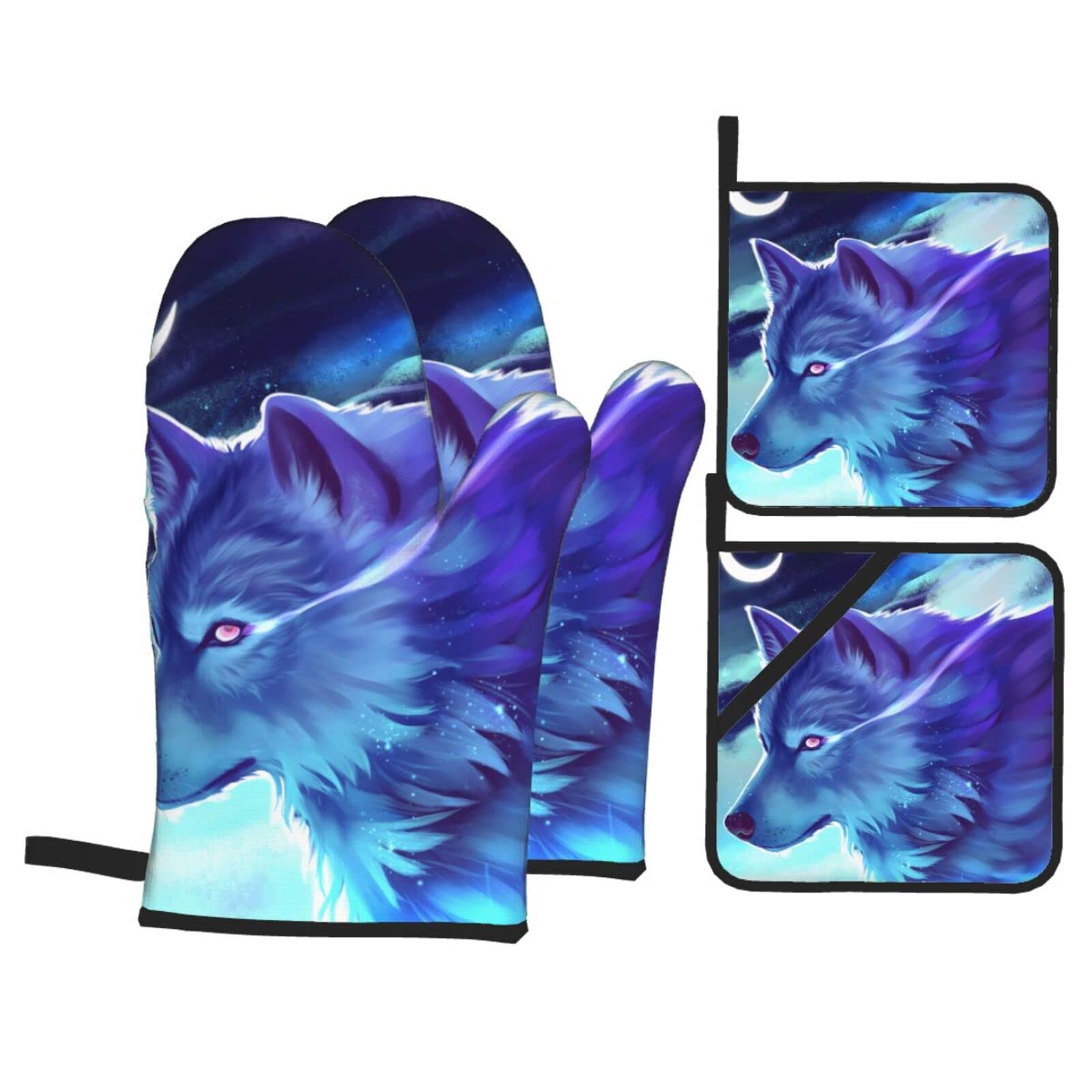 Wolf Print Kitchen Baking Four Piece Set of Heat Resistant Thick Cotton Oven Mitts for Cooking, Baking and Grilling