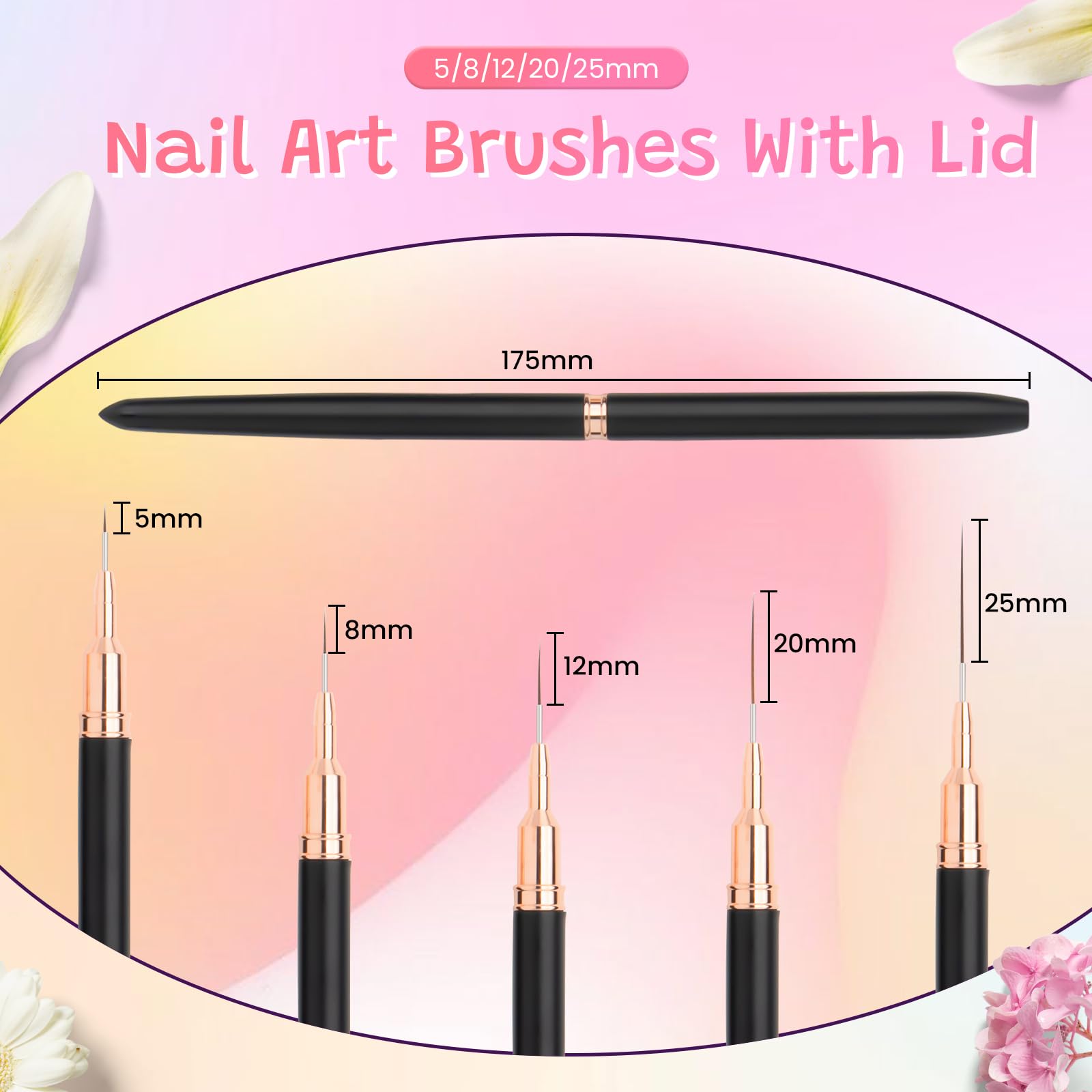 5PCS Nail Art Liner Brushes Long Set including Lid 5/8/12/20/25mm - Image 2
