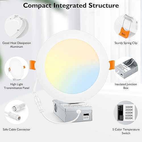 Miniatura 4 de BesLowe Paquete de 12 luces LED empotrables de techo 5CCT de 6 pulgadas ultrafinas con caja de conexiones, 12 W 150 W Eqv, 3000 K3500 K4000 K5000