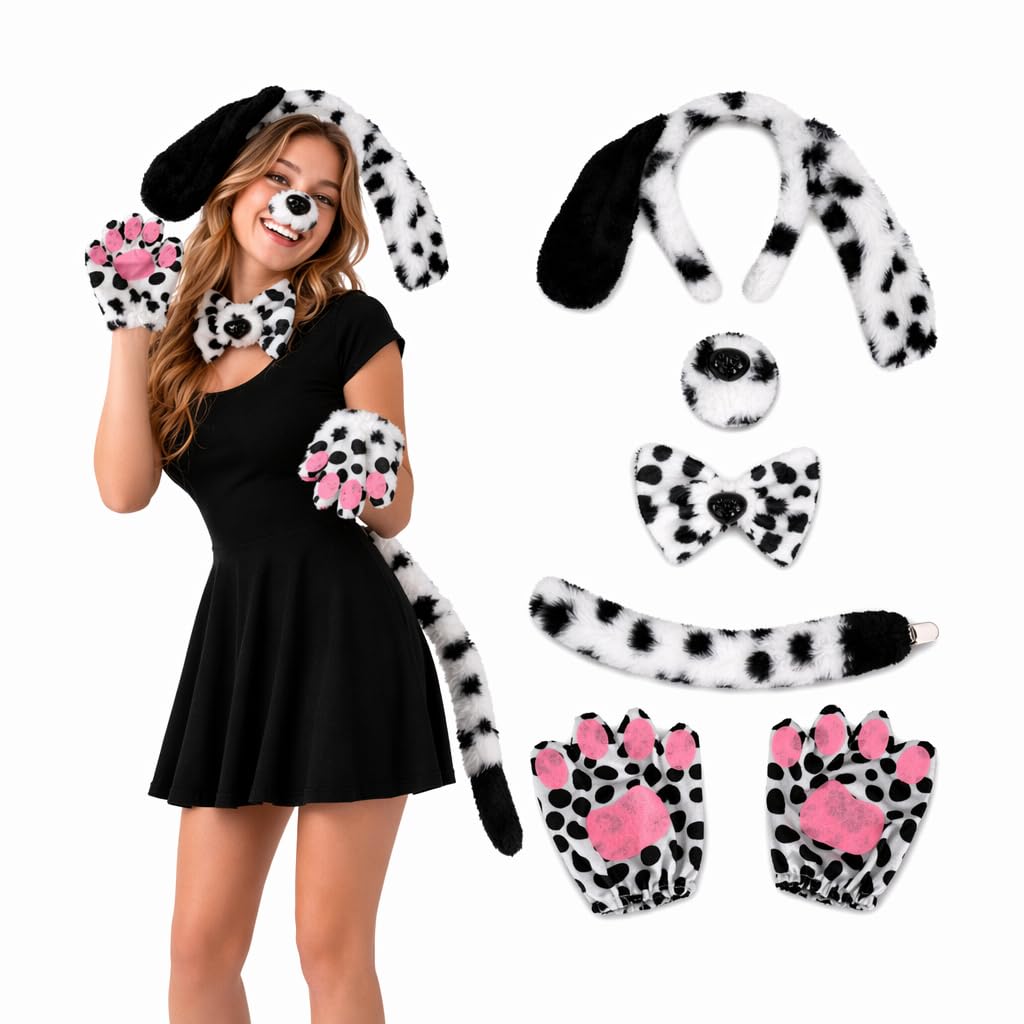 YCDKK Dog Costume Accessories Set for Kids & Adults, Dalmatian Costume with Dog Ears Headband, Tail, Paw Gloves, Plush Nose and Bow Tie, Halloween Fancy Dress Party Accessories