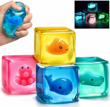 4PCS Ice Cube Squishy Toys,Glow in the Dark Ice Cube Squishy Squeeze Toys,Sensory Fidget Toys,Soft Maltose Cube Toys for Anxiety Relief, Classroom Prizes and Party Favors5.5cm