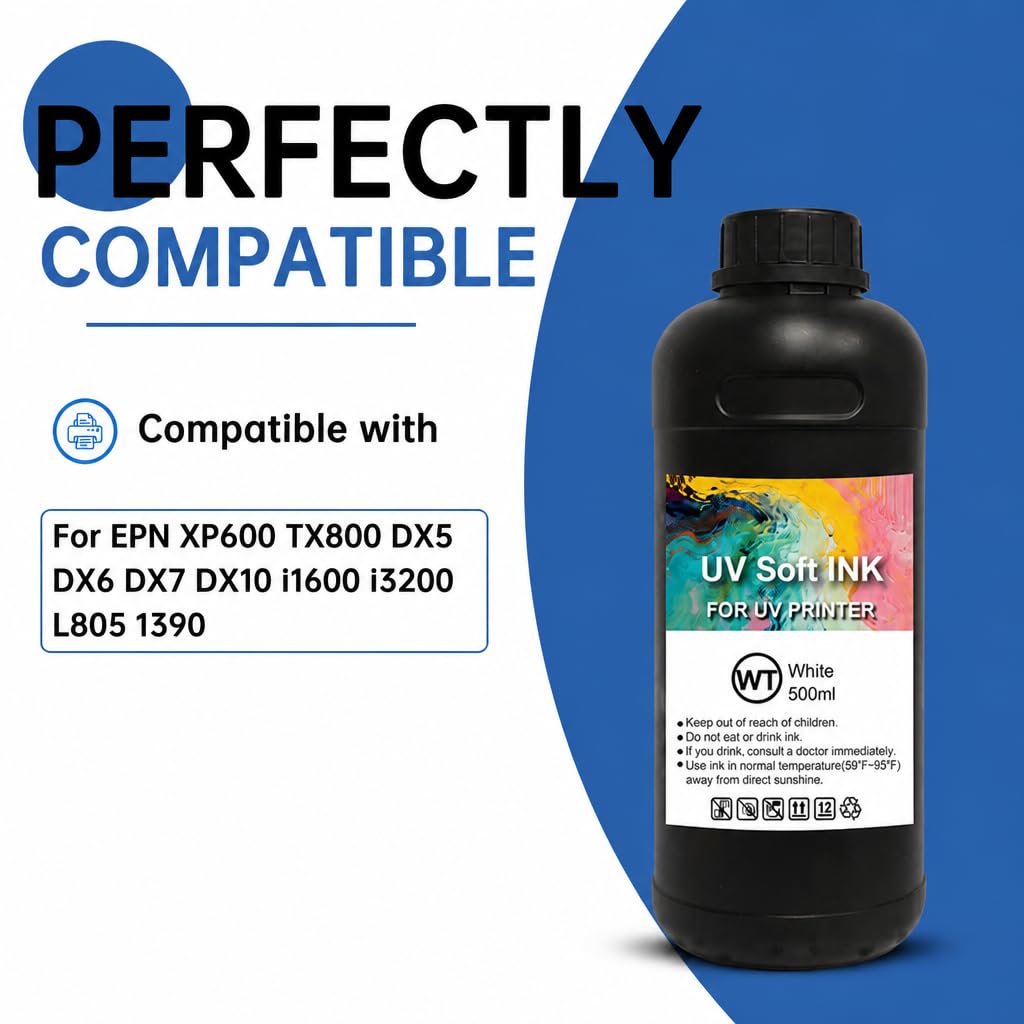 Inchiostro UV morbido 500 ML per UV Soft Ink compatibile con TX800 XP600 DX4 DX5 DX6 DX7 DX10 i3200 i1600 L805 1390 con PVC, tessuti, pelle (6 confezioni da