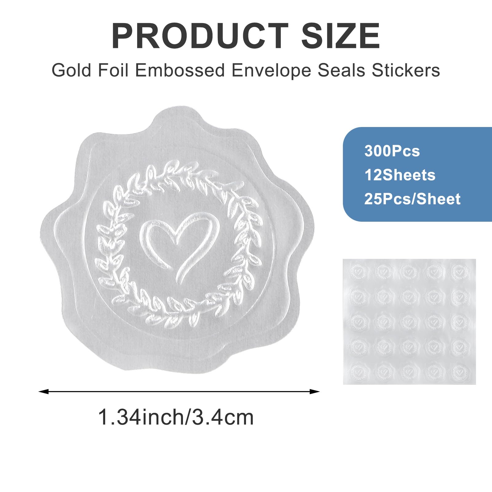 GOLD HEART Stcker Seals Embossed Metallc Fol Stckers, Envelope...