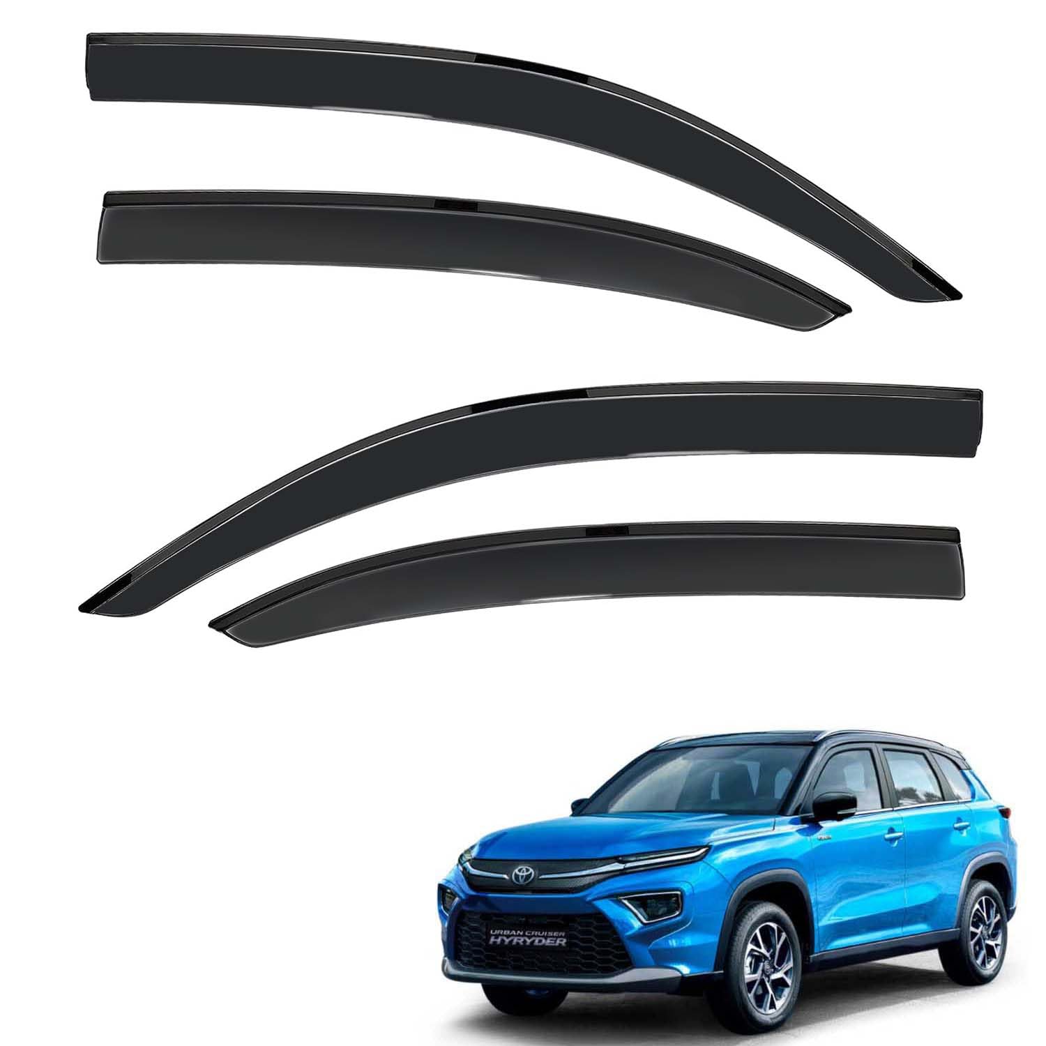 Car Compatible Wind Deflectors Rain Guard Door Visor for Toyota Urban Cruiser Hyryder (2022 Onwards Model) - Polycarbonate, Black, Set of 4 Pcs