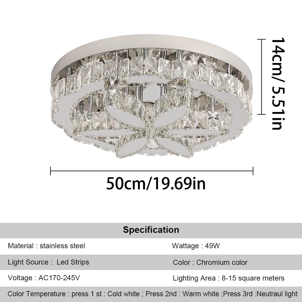 GreeLustr Moderne Kristall Kronleuchter Mit Fernbedienung für Wohnzimmer, Dimmbar Deckenleuchte Kristalle mit Elegantem Design für Schlafzimmer Flur Küche, Silber Deckenlampe Kristall für Decke (50cm)