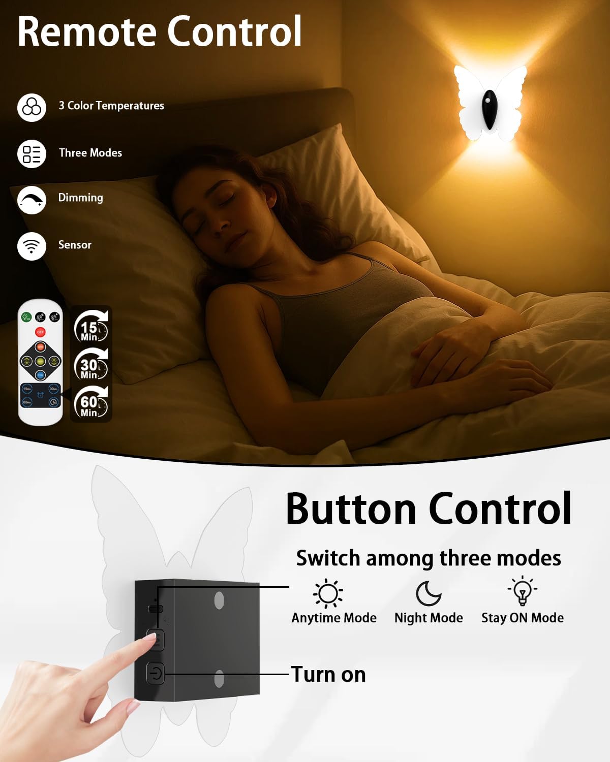 Rechargeable Motion Sensor Wall Light: 3 Colors Wireless Wall Sconces Set of Two with Remote Magnetic Motion Sensor Stair Lights Indoor 5000mAh Battery Powered Wall Lamps for Hallway Bedroom (White)