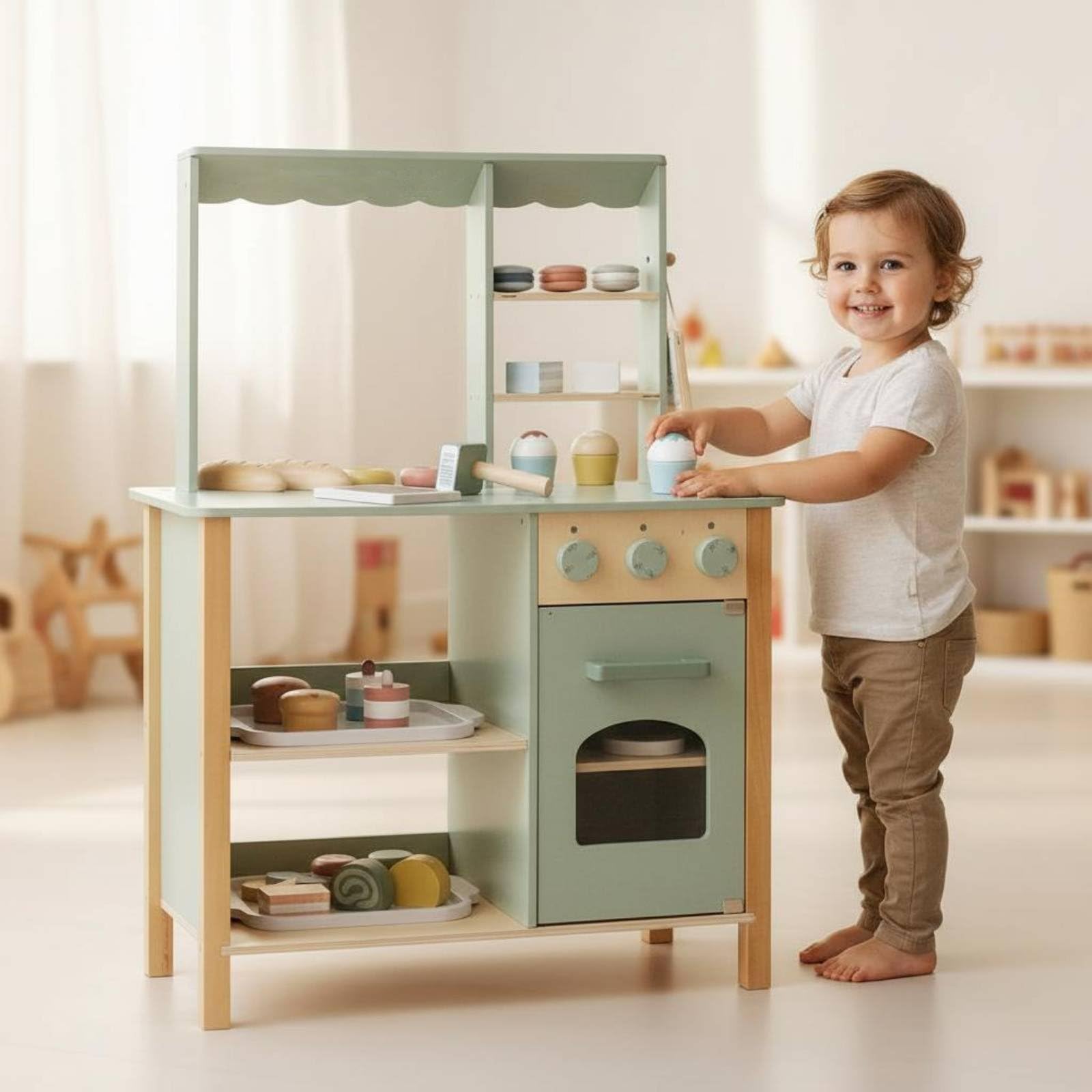 Holz-Spielküche Rollenspiel Kinderküche aus Holz realistisches Design Spielbäckerei für Jungen, Kinderzimmer