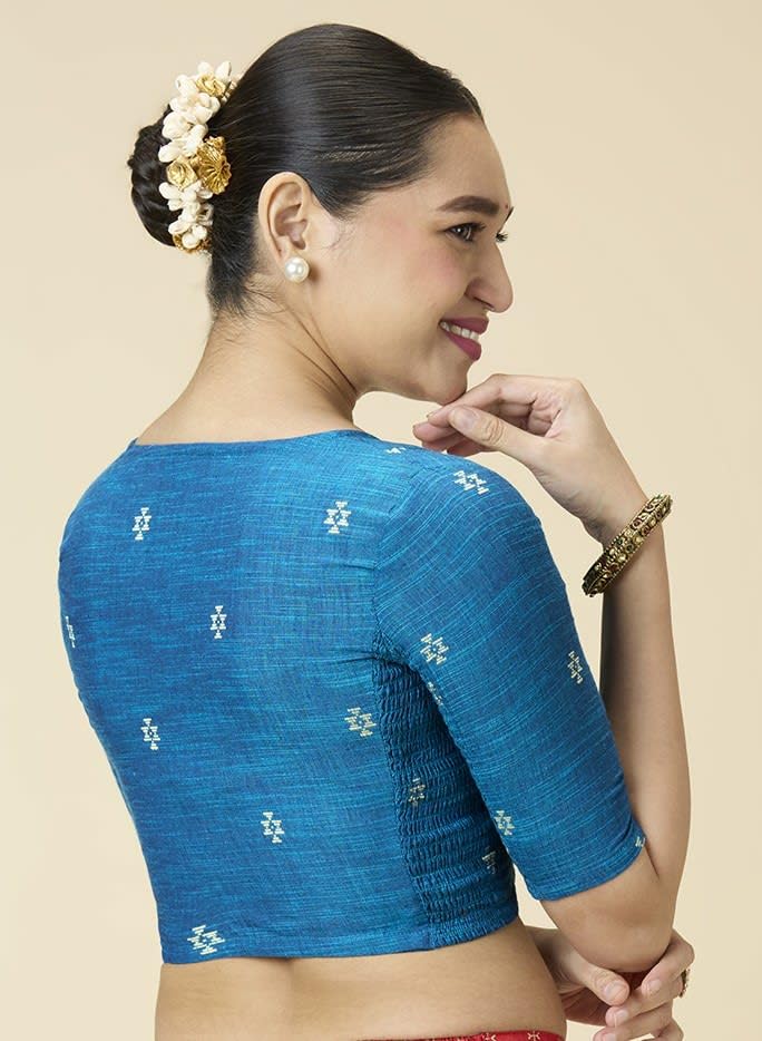 Image of Studio Shringaar Women's Handloom Cotton Stretchable (Smocked) Saree Blouse with Temple Zari Border