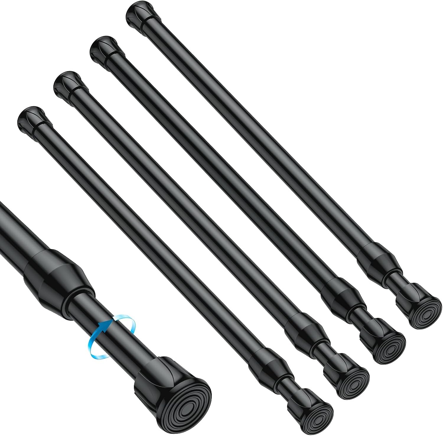 MEXAU 4PCS Small Tension Curtain Rod 28 to 48 Inch,Black Short Curtain Rods No Drilling,Loaded Expandable Spring Curtain Rods for Windows,Kitchen,Closet,Cupboard,Door,Bookshelf