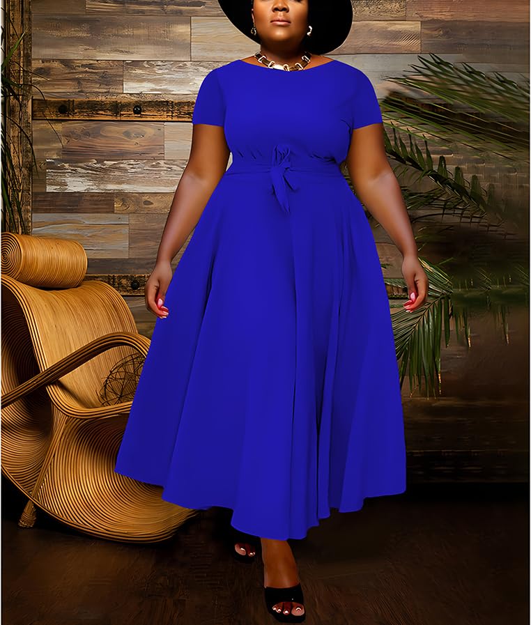 Image of Hostoyo Women Plus Size Formal A Line Maxi Dress Self Tie Waist with Pockets Elegant Round Neck Swing Long Dresses