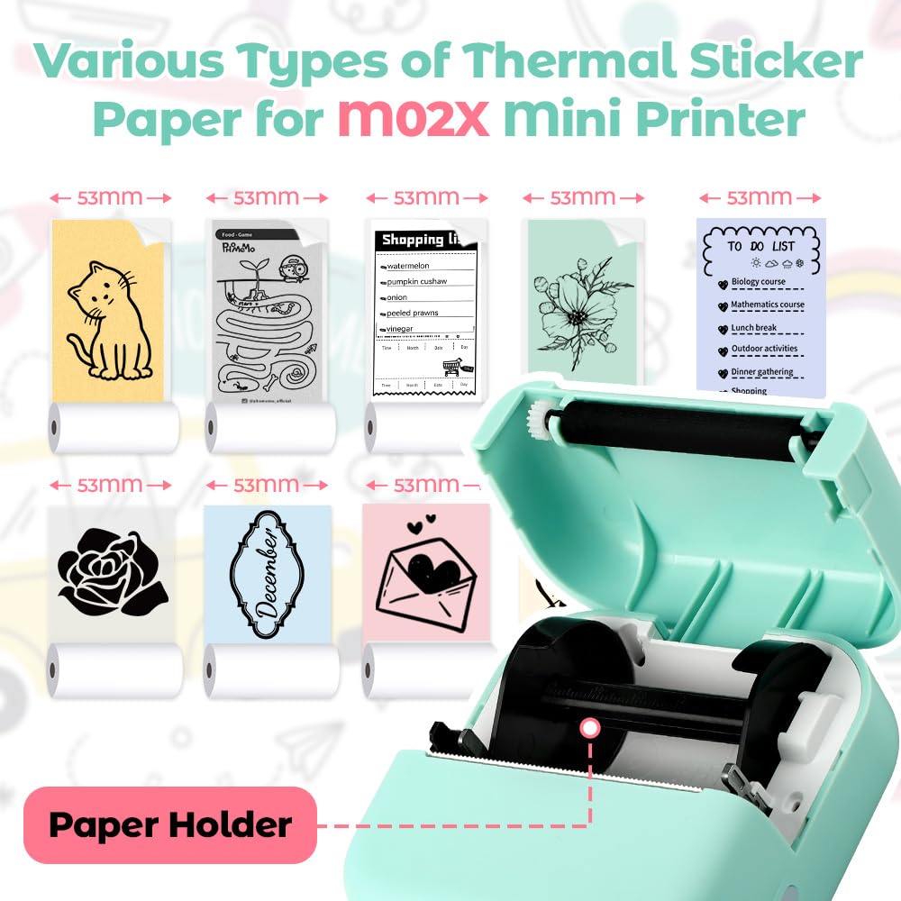 Phomemo Aufkleber Drucker, M02X Mini Sticker Drucker mit 3 Papierrollen, Tragbarer Thermodrucker für Geschenke, Studiennotizen, Fotos, DIY Erstellung