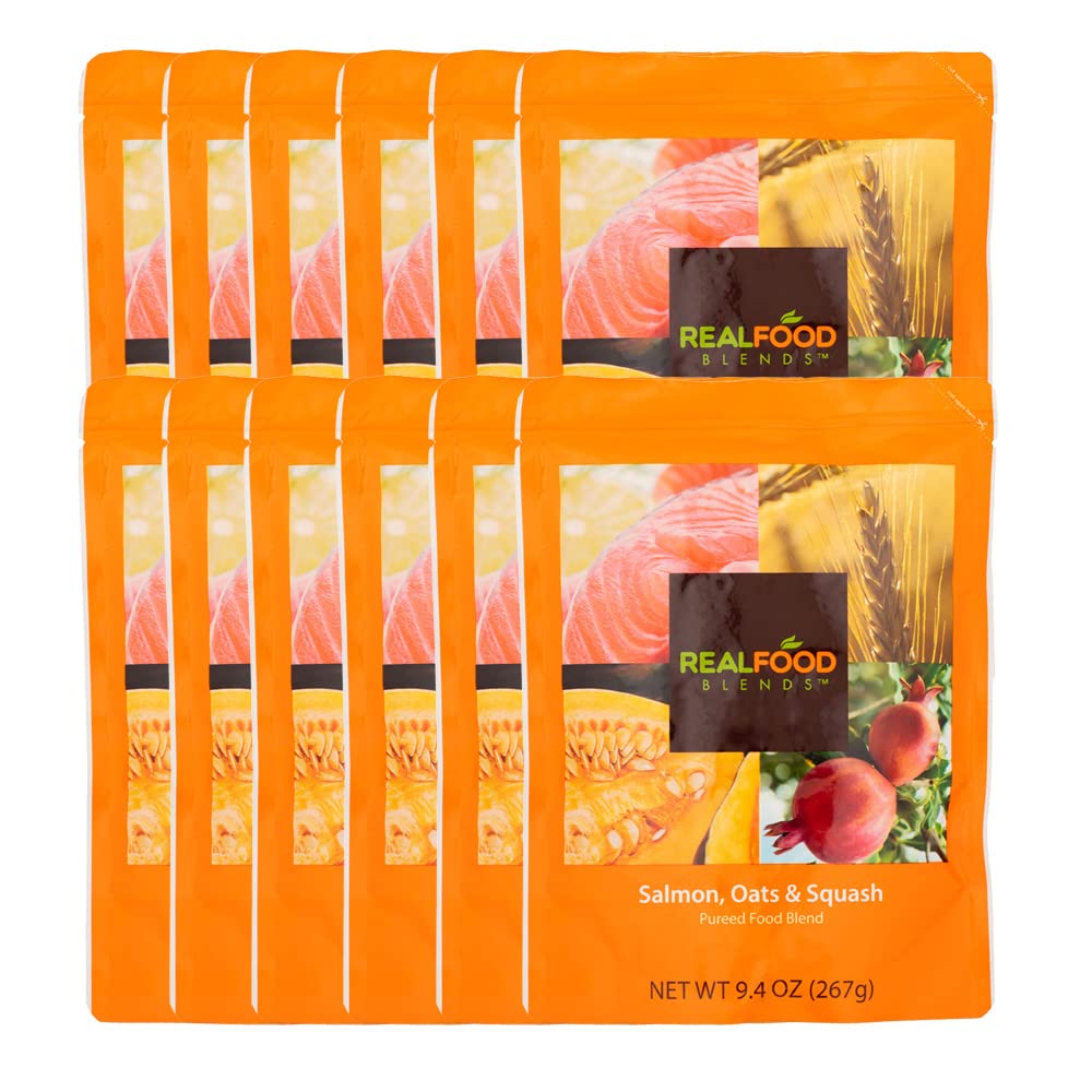 Real Food Blends Salmon, Oats & Squash - Pureed Food Meals for Tube Feeding with Protein, Vegetables & Fruits - 330 Calories for Lunch & Dinner - 9.4 oz (Pack of 12)