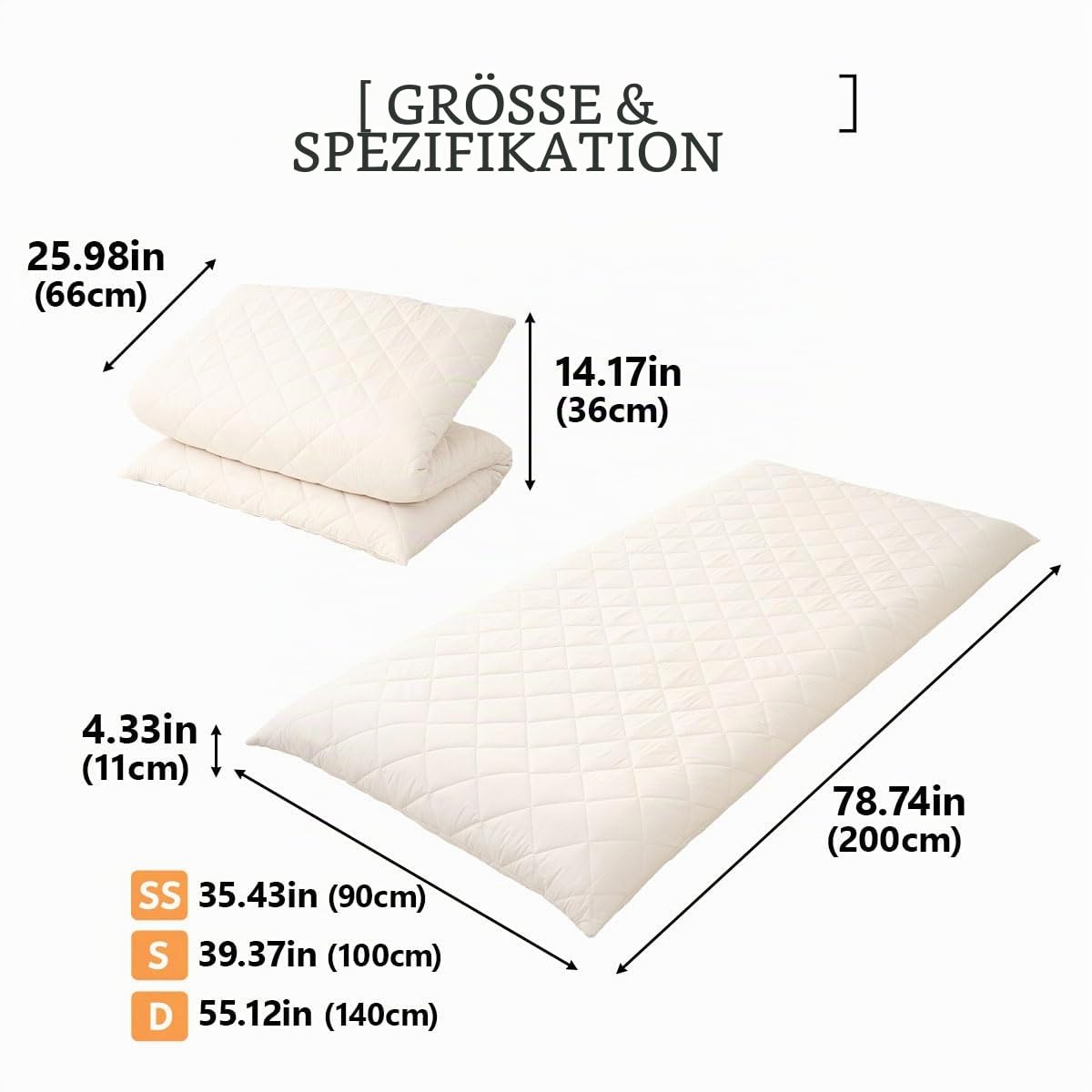 EMOOR Extradicke Japanische Futonmatratze Ohne Saum 140 x 200 cm Weiß, Hergestellt in Japan Faltbares Bodenschlafbett Tatami-Matte