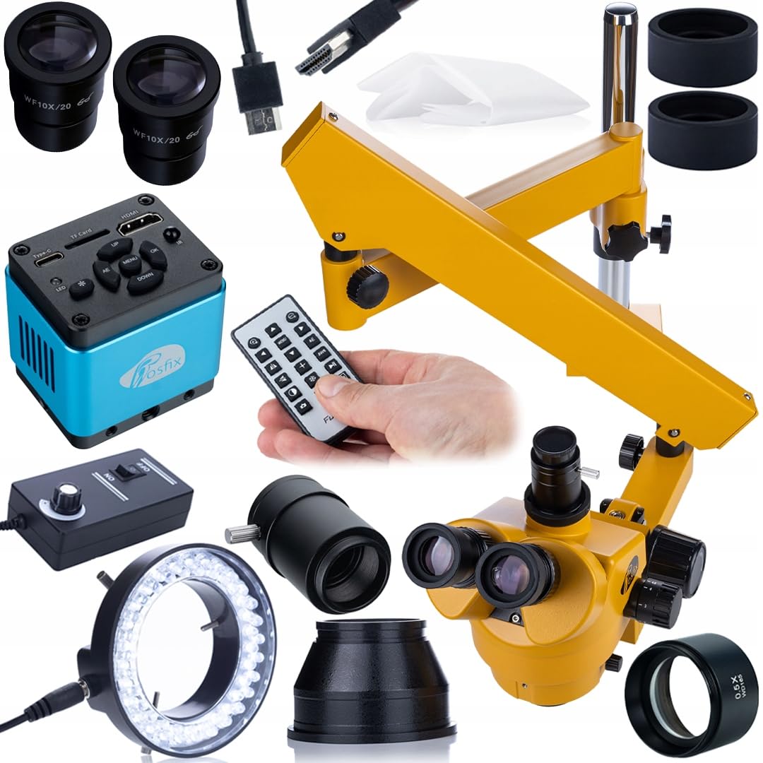 Trinocular Microscopio Rosfix Neptune Pro Orange Pro Set – Microscopio estéreo 7-45x con cámara USB-C 4K, lente 0,5X Barlow, anillo de luz LED 56 LED, montaje en brazo | Laboratorio de electrónica de