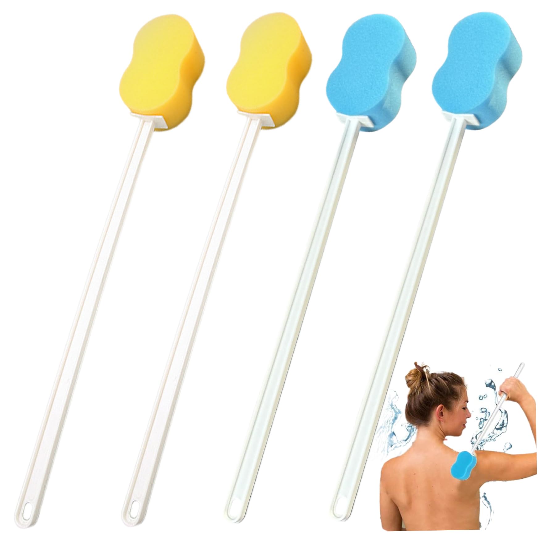 Esponja de mango largo para ducha 4 esponjas de mango largo en forma de 8 de 22 pulgadas con orificio para colgar Ducha amarilla y azul para limpieza de espalda, brazos y cuerpo.