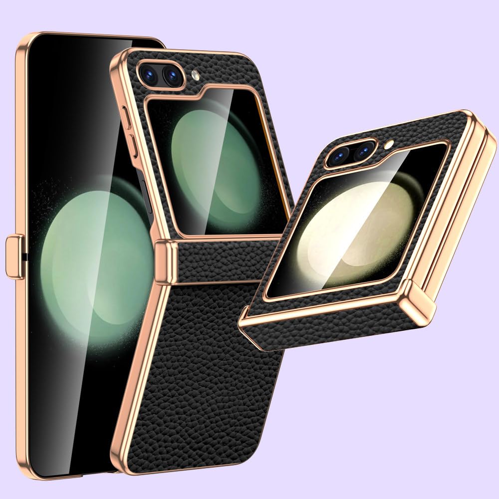 Funda de Cuero para Samsung Galaxy Z Flip6, Flip5, Flip 6, 5, ZFlip5, con bisagra de Lujo y Vidrio Templado, Color Verde. para Galaxy Z Flip6.