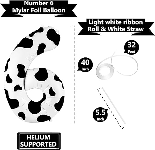 Miniatura 3 de Globo con estampado de vaca de 40 pulgadas, globos de vaca número 6 para decoración de cumpleaños 6, globos grandes con número de vaca para
