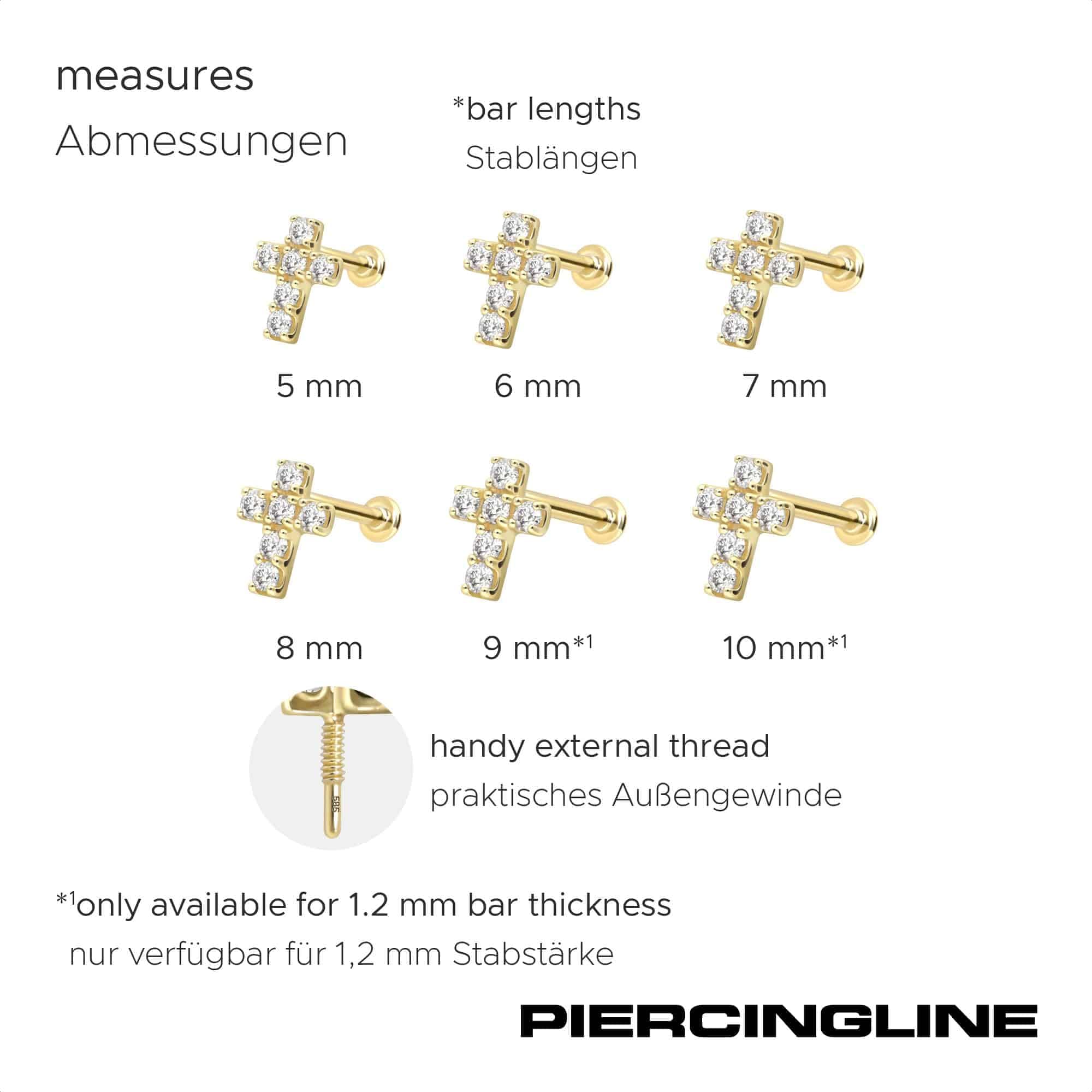 PIERCINGLINE Piercing Stecker 14 Gold Labret mit Innengewinde MOISSANIT-KREUZ 585er Gold - Roségoldfarben, Goldfarben, Silberfarben