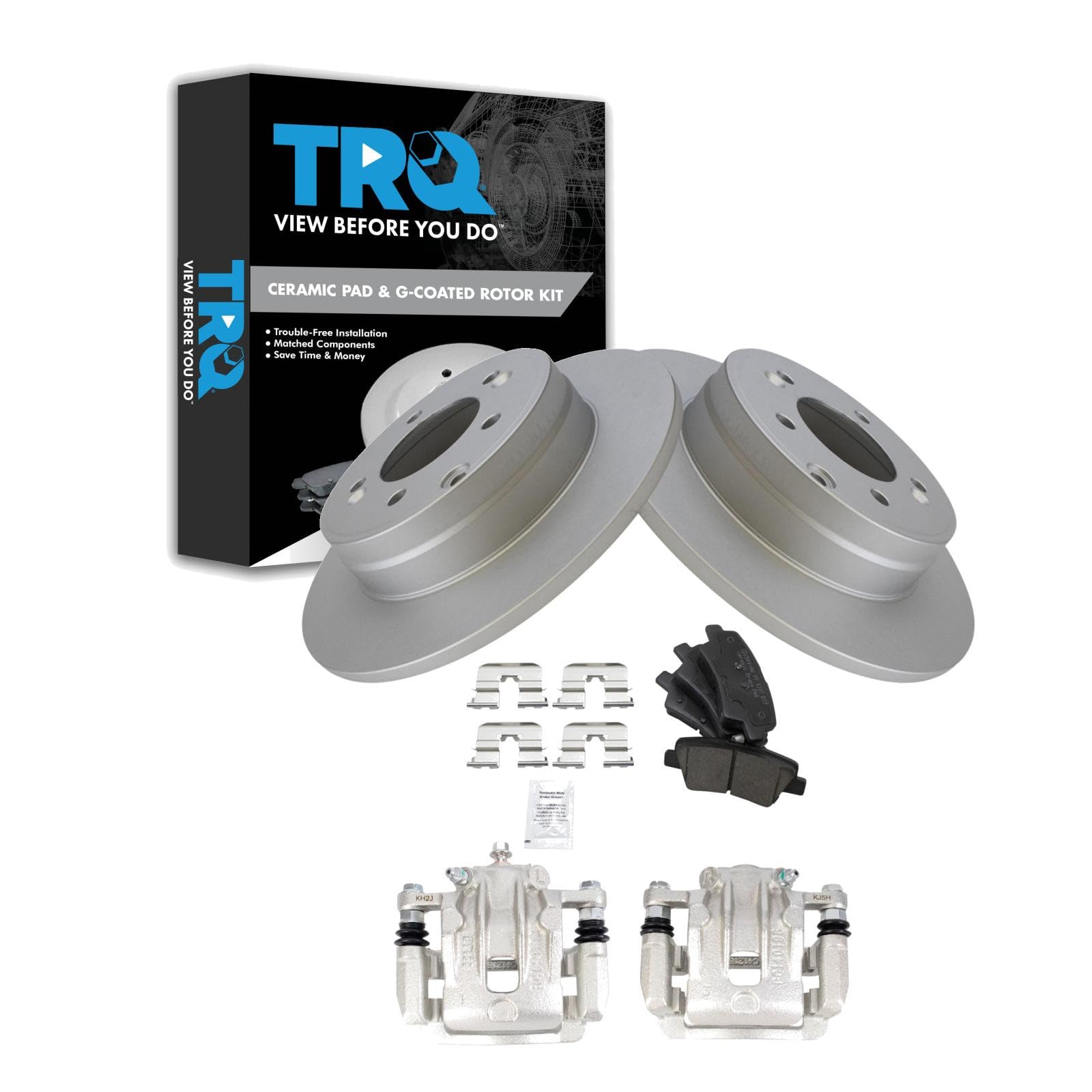 TRQ Rear Brake Pad and Rotor Set Ceramic G Coated Rotors Calipers