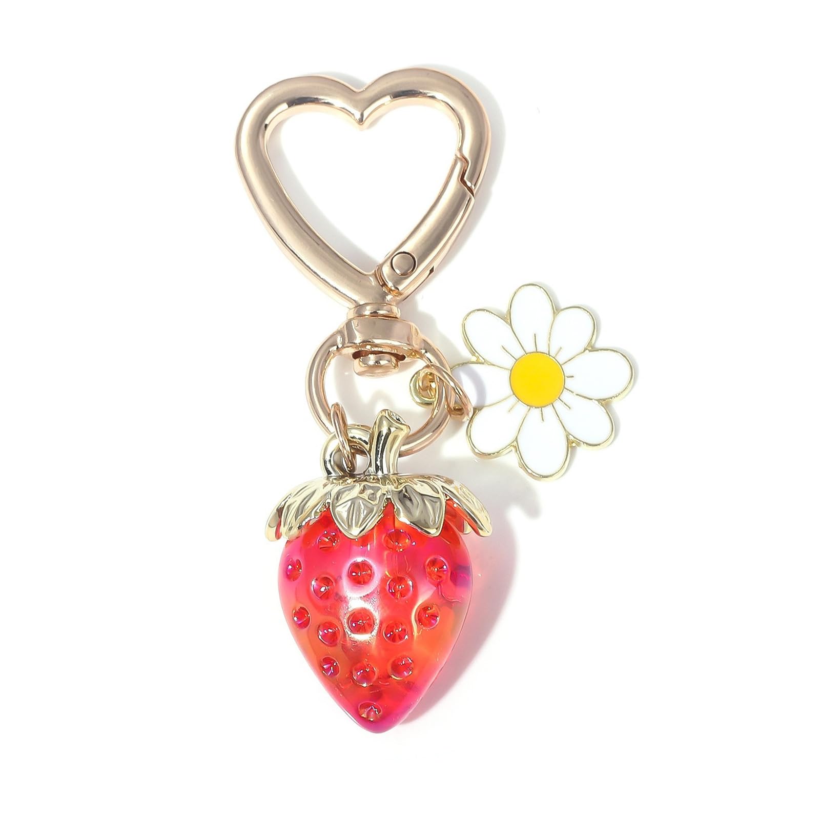 Fnsighd Unisex Kids Red Cute Strawberry Keychain With Daisy Flower,Metal Heart Keyring For Bag Purse Charms,Key Chains Strawberrys Theme Charm Accessories For Handbags,Backpack,Wallet Cellphone Car Key Decor