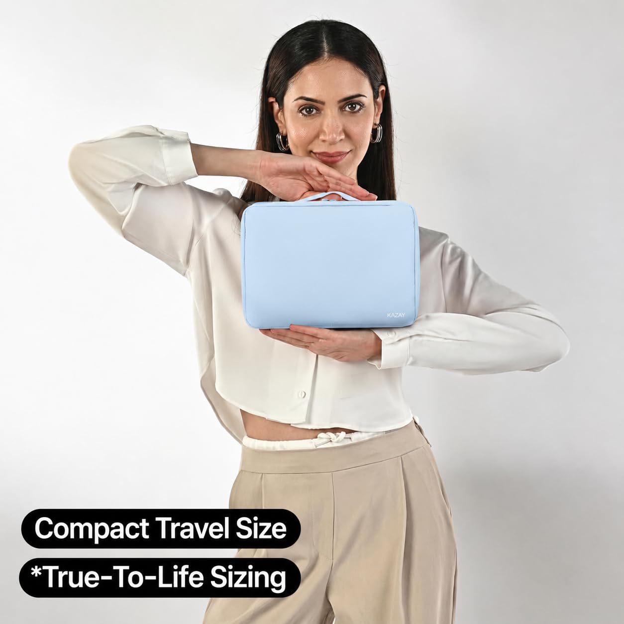 KAZAY Neceser colgante, diseño inteligente 2 en 1 con bolsa desmontable, resistente al agua, nailon premium, botellas de tamaño completo, bolsa de cosméticos, bolsa de maquillaje, Azul claro, Compact